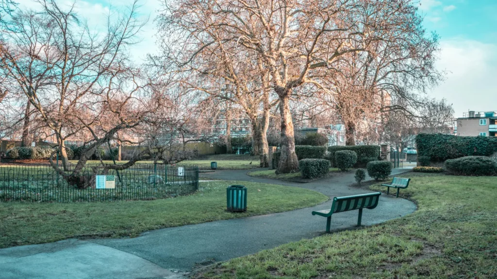 Деревянная скамейка в тихом парке на зеленой траве среди деревьев - скрытое место для отдыха в городе