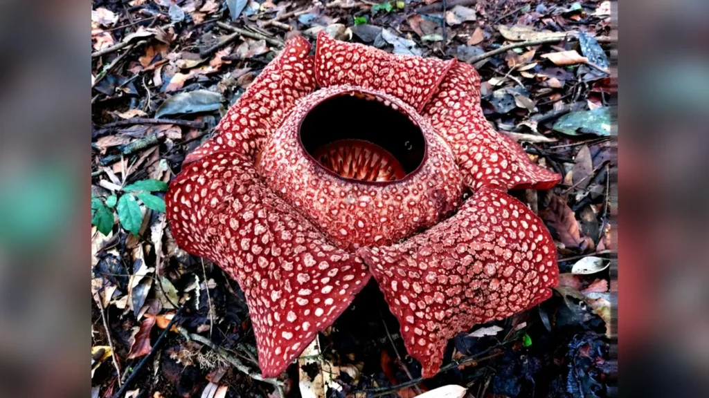 Крупный план раскрывающегося цветка Rafflesia arnoldii на лесной почве - самый крупный цветок мира и редкий вид растений