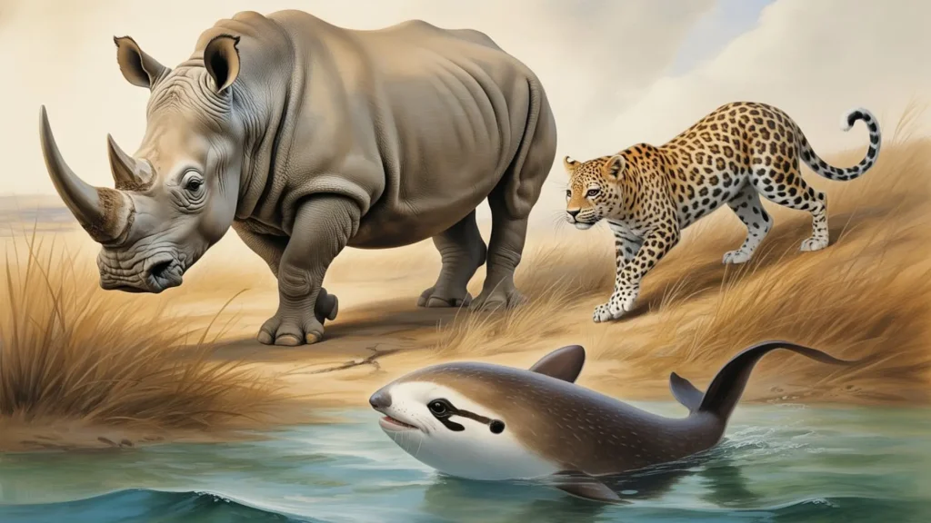 Иллюстрация носорога, леопарда и вакиты в африканской саванне у воды